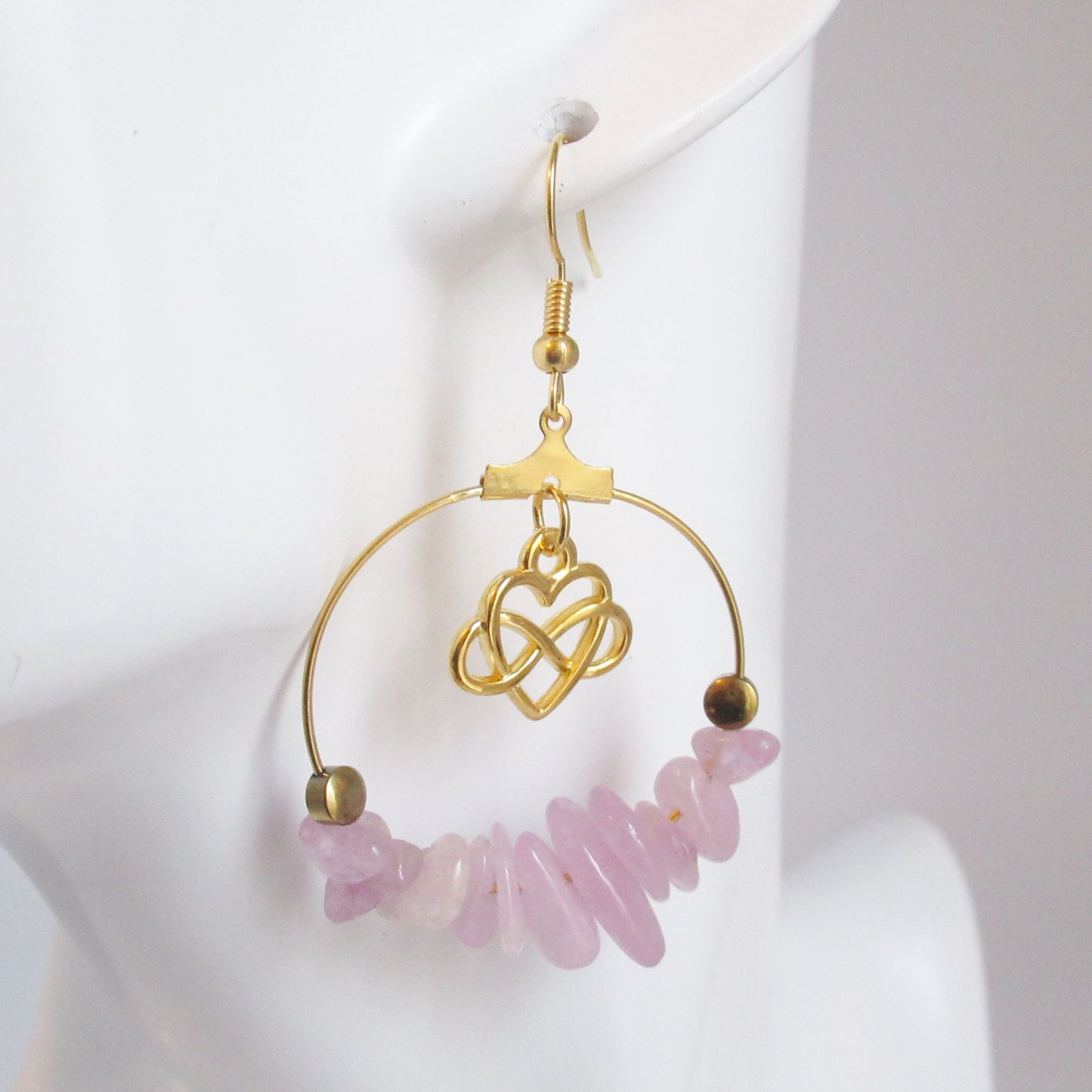 Boucles d'oreilles Créoles en pierres naturelles - Kunzite - Infini / Coeur
