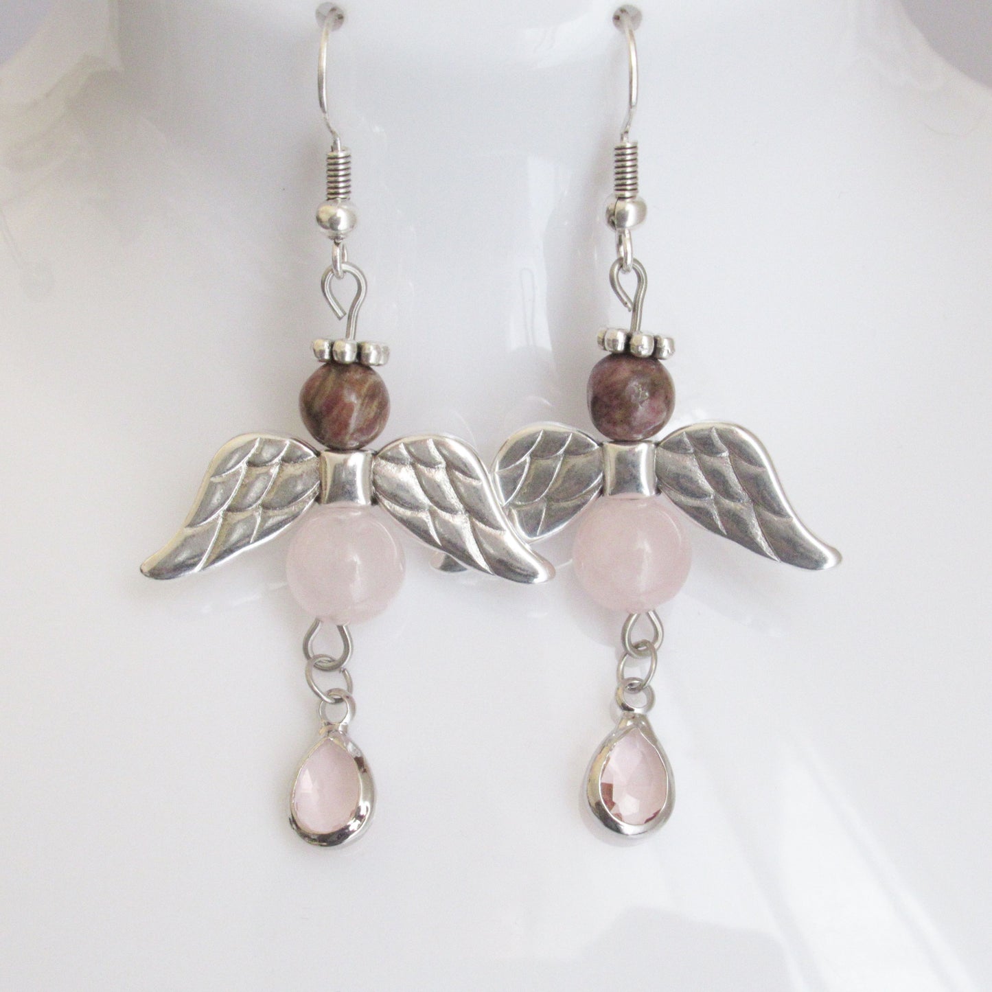 Boucles d'Oreilles - Quartz Rose - Rhodonite - Ange