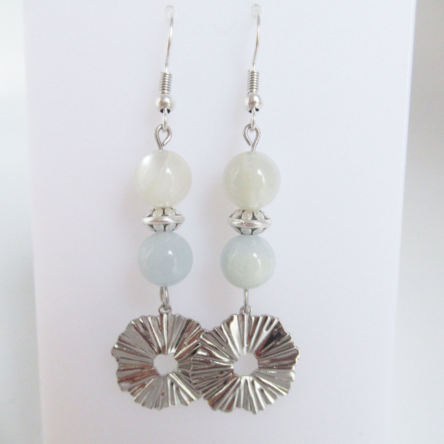 Boucles d'oreilles - Aigue marine - Pierre de lune - Rond ciselé