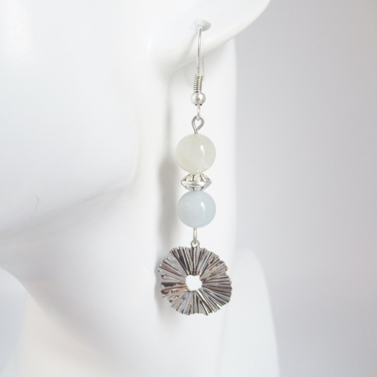 Boucles d'oreilles - Aigue marine - Pierre de lune - Rond ciselé