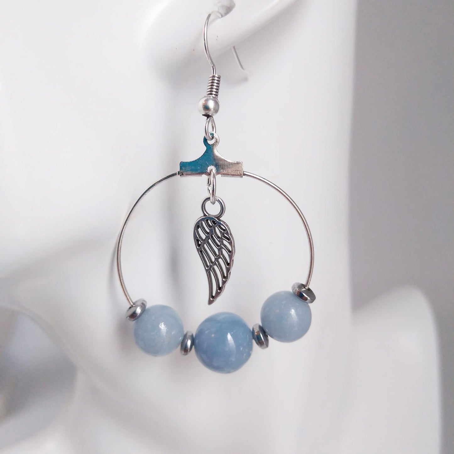 Boucles d'oreilles Créoles en pierres naturelles - Angélite - Ailes d'Ange