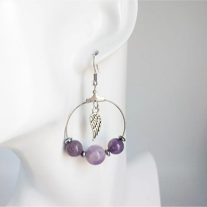 Boucles d'oreilles Créoles - Lépidolite - Ailes