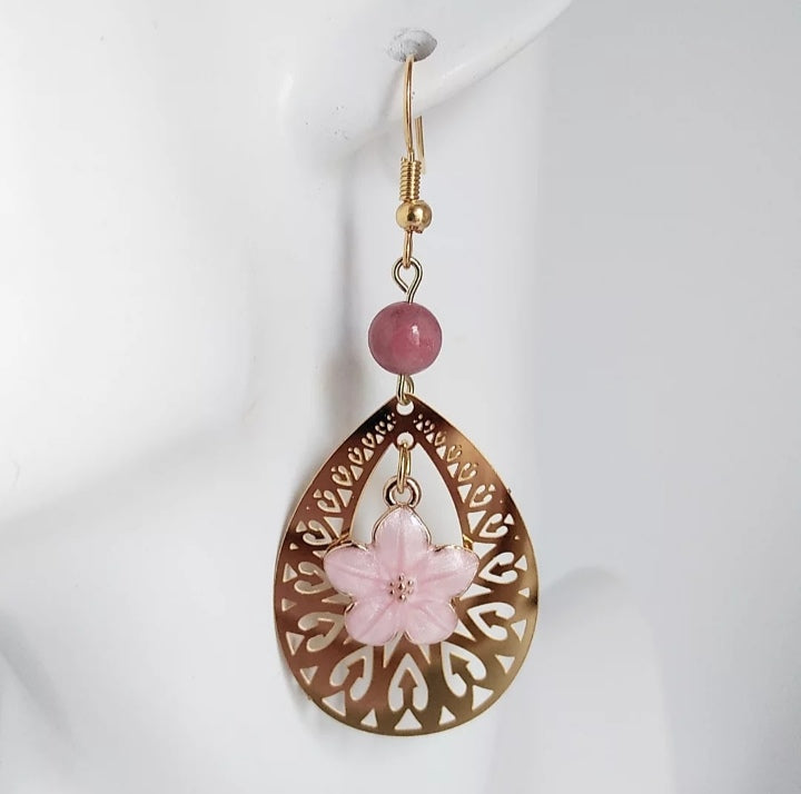 Boucles d'oreilles dorées en pierres naturelles - Rhodonite