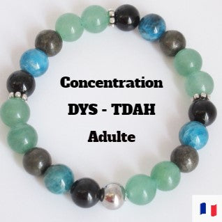 Bracelet concentration - DYS - TDAH Trouble de l'attention Femme/Homme… Vous cherchez à améliorer votre concentration, à trouver un ancrage dans le tumulte quotidien ou à soutenir un proche touché par le TDAH ou des troubles de l'attention ? Ne cherchez pas plus loin. Notre bracelet de concentration, spécialement conçu pour les personnes atteintes de TDAH, de troubles de l'attention