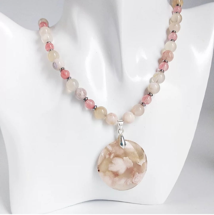 Collier en pierres naturelles Agate Fleur & Tourmaline Melon d’Eau – Apaisement, confiance et énergie positive au quotidien. Bijou bien-être unique.