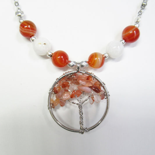 Collier en pierre naturelle - Cornaline et Pierre de lune - Arbre de vie