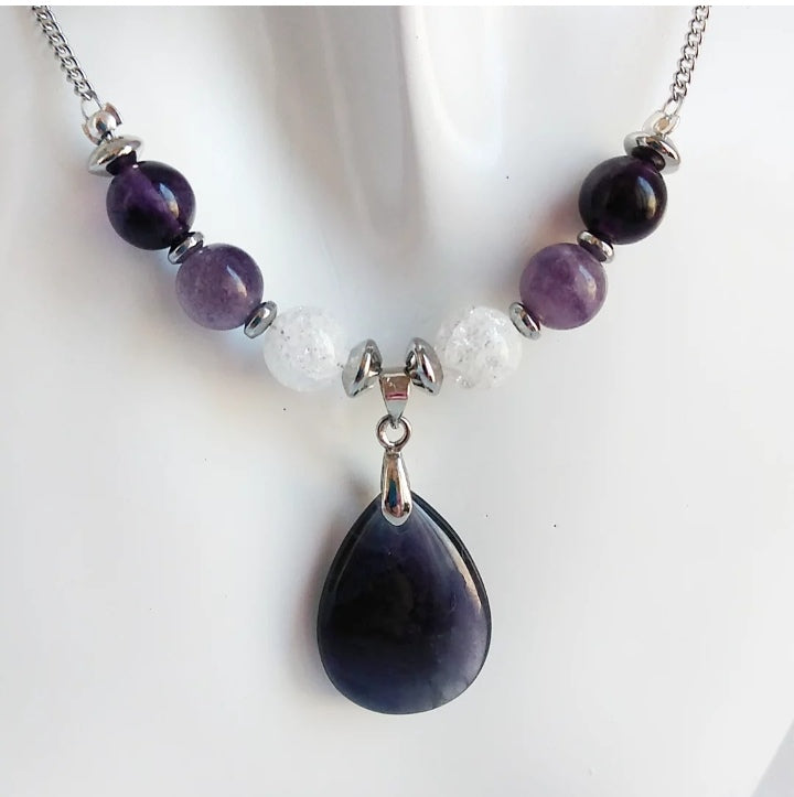 Collier en pierre naturelle - Fluorite Pourpre et Cristal de roche
