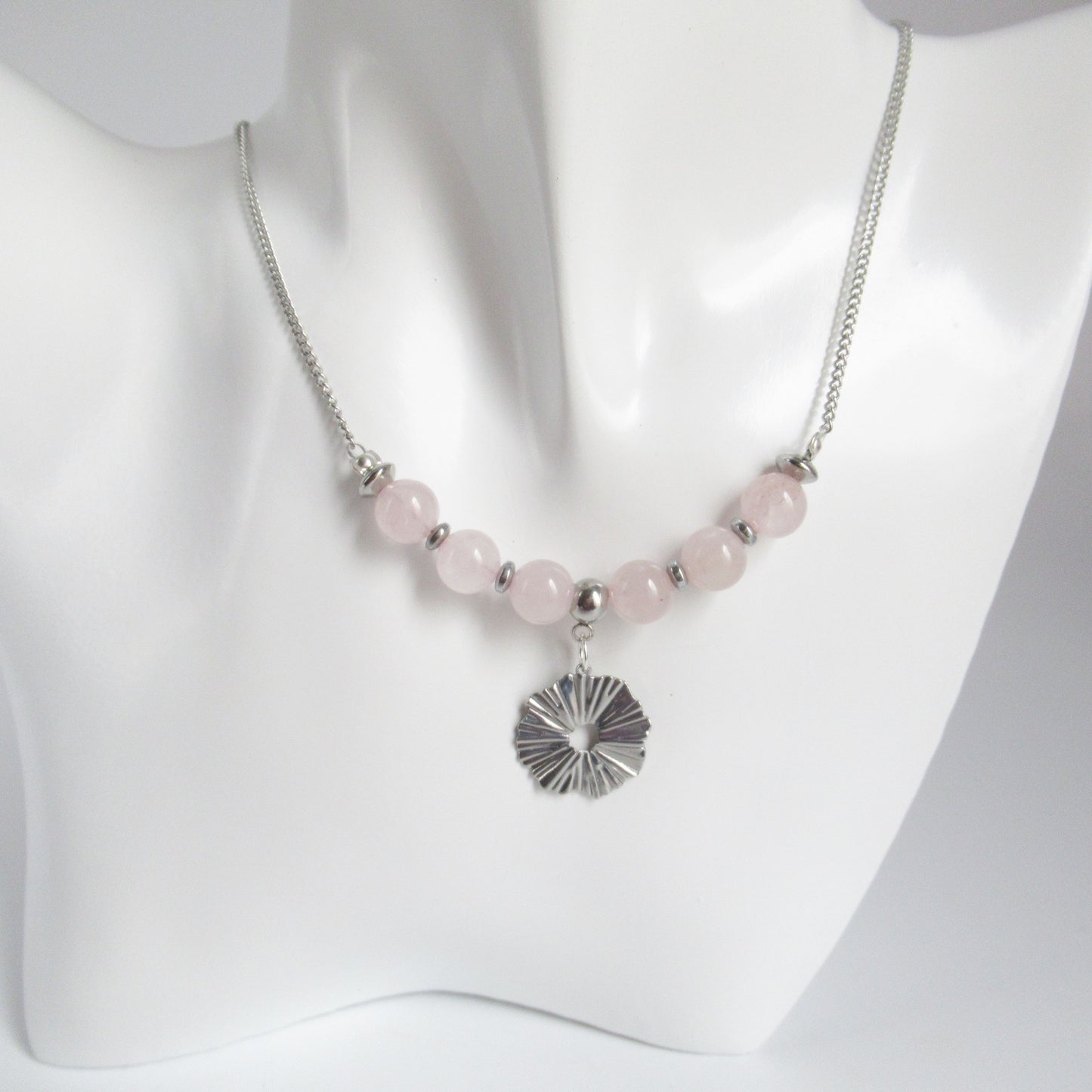 Collier en pierre naturelle - Quartz rose - Rond martelé