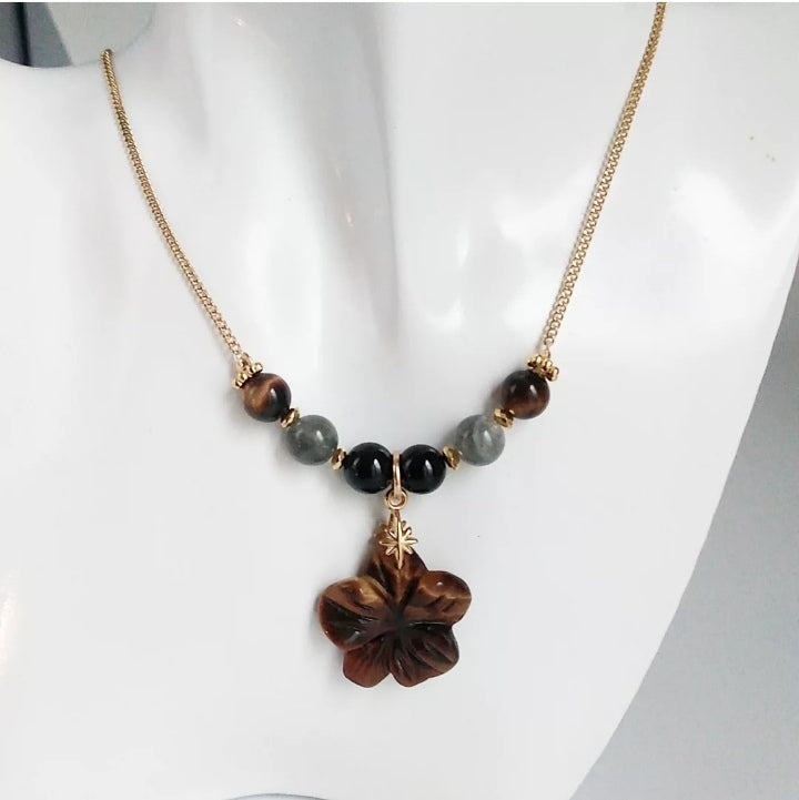 Collier en pierre naturelle - Triple protection - Tourmaline - Labradorite - Oeil de tigre