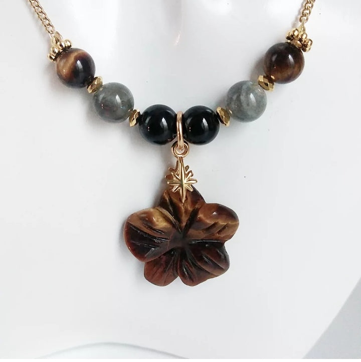 Collier en pierre naturelle - Triple protection - Tourmaline - Labradorite - Oeil de tigre