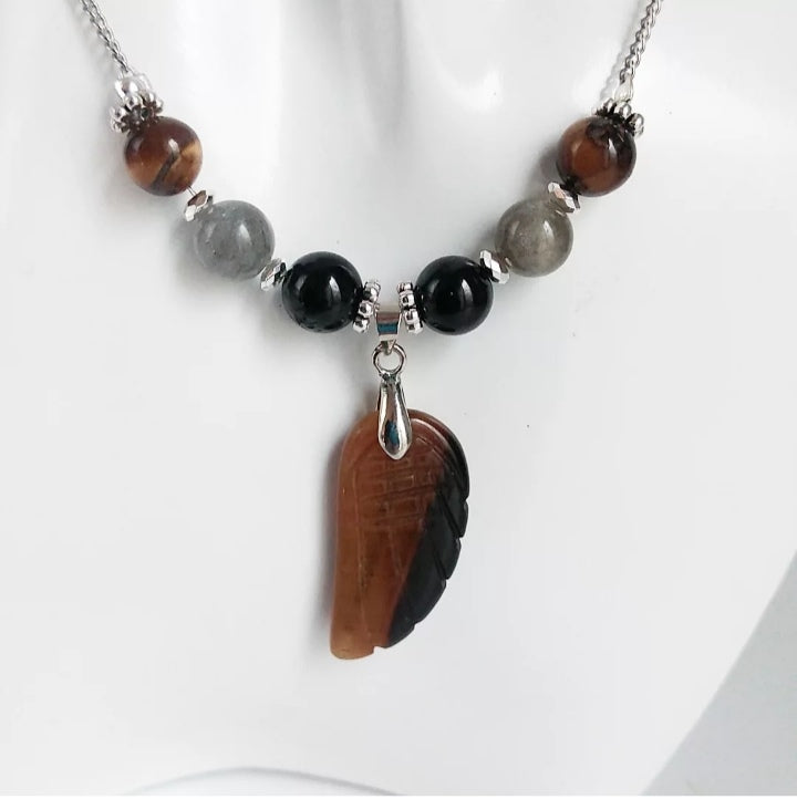 Collier en pierre naturelle - Triple protection - Tourmaline - Labradorite - Oeil de tigre