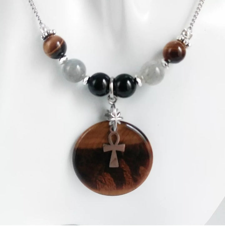 Collier en pierre naturelle - Triple protection - Tourmaline - Labradorite - Oeil de tigre