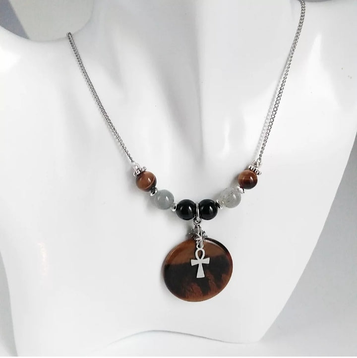 Collier en pierre naturelle - Triple protection - Tourmaline - Labradorite - Oeil de tigre