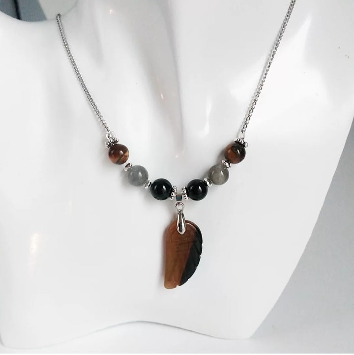 Collier en pierre naturelle - Triple protection - Tourmaline - Labradorite - Oeil de tigre