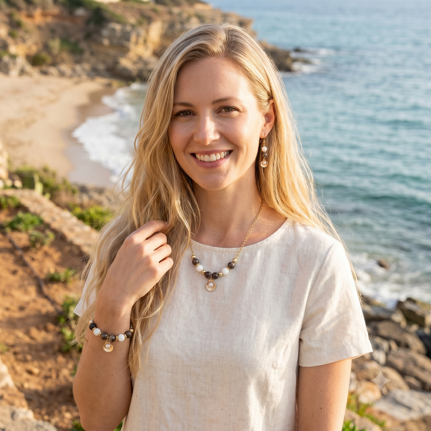 Équilibrez vos énergies au quotidien avec notre bracelet ajustable en Agate Turitelle, Nacre et son pendentif Saint-Jacques protecteur. Conçu en acier inoxydable.