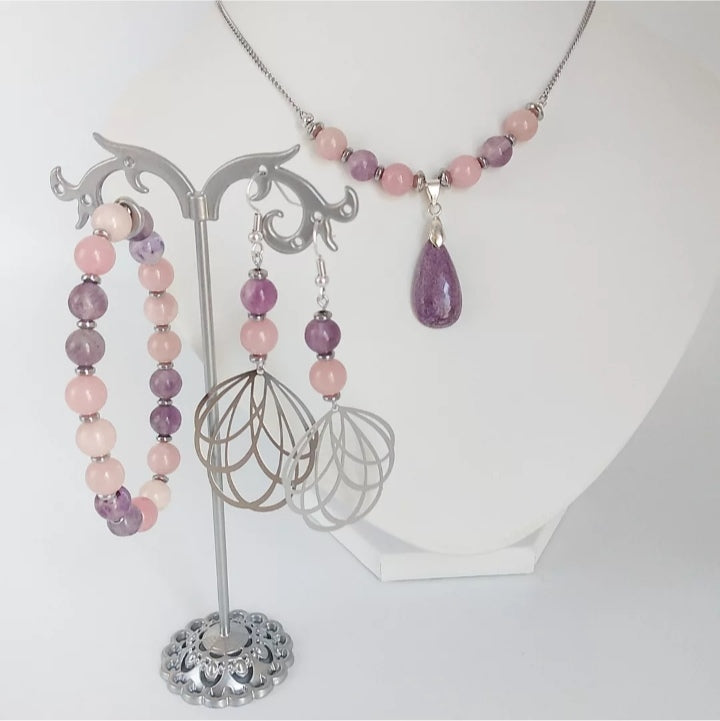 Collier en pierre naturelle - Stichtite, Opale rose et Fluorite