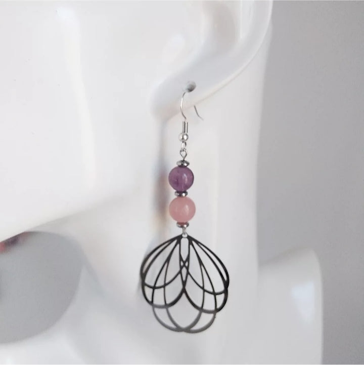 Boucles d'oreilles en pierres naturelles - Opale rose et Fluorite