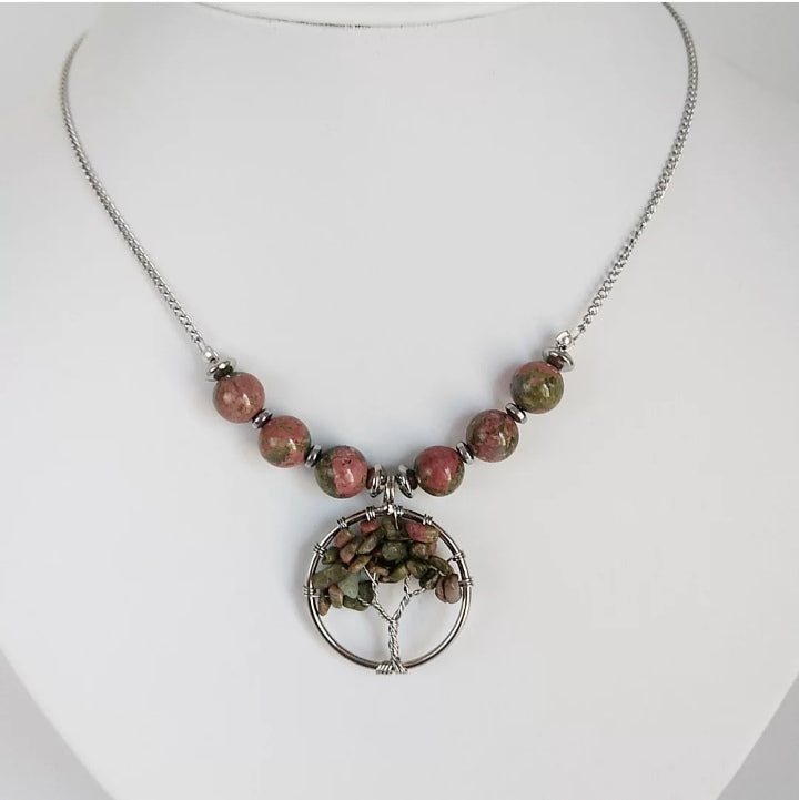 Collier en pierre naturelle - Unakite - Arbre de vie