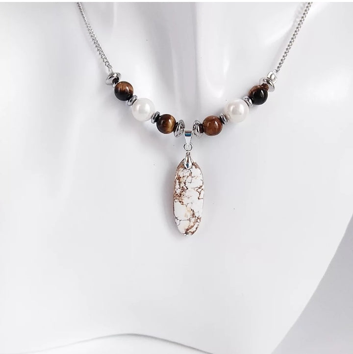 Collier en pierre naturelle - Magnésite, Oeil de tigre et perle