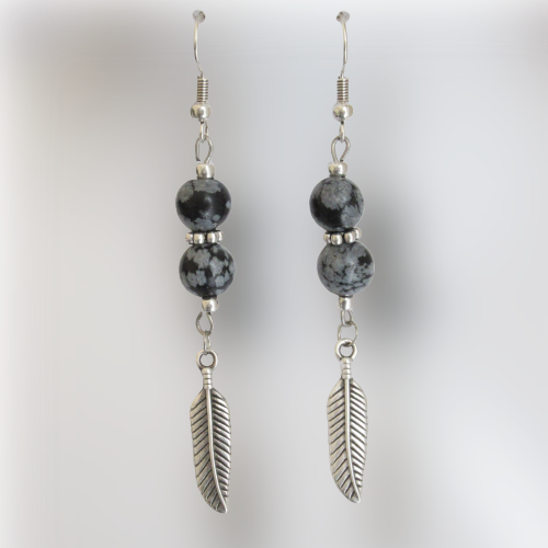 Boucles d'Oreilles - Obsidienne Neige - Plume