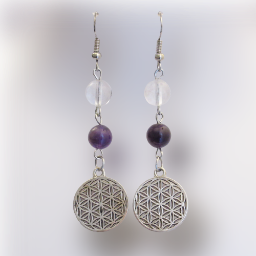 Boucles d'Oreilles - Cristal de Roche - Améthyste - Fleur de vie