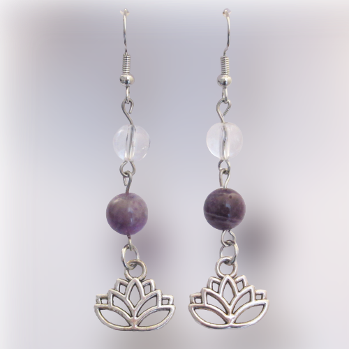 Boucles d'Oreilles - Cristal de Roche - Améthyste - Lotus