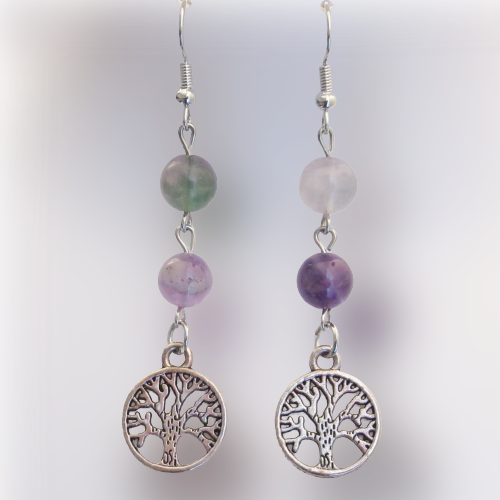 Boucles d'Oreilles - Fluorite - Améthyste - Arbre de vie