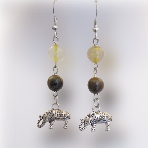 Boucles d'Oreilles - Quartz Rutile - Oeil de Tigre - Eléphant