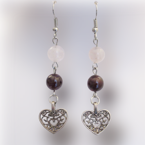 Boucles d'Oreilles - Grenat - Quartz - Coeur