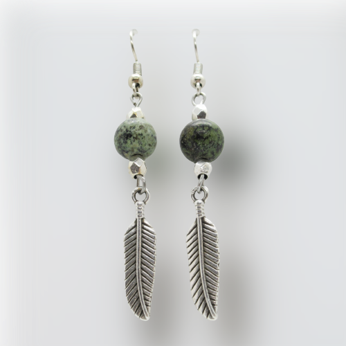 Boucles d'Oreilles - Turquoise Africaine - Plume argentée