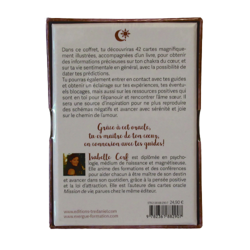 ORACLE - Le Chakra du Coeur https://monjolicaillou.fr/products/oracle-le-chakra-du-coeur Isabelle Cerf - Illustré par Wild Amanda. Dans ce coffret, tu découvriras 42 cartes magnifiquement illustrées, accompagnées d'un livre pour obtenir des informations précieuses sur ton chakra du coeur, et sur ta vie sentimentale en général, avec la possibilité de dater tes prédictions.