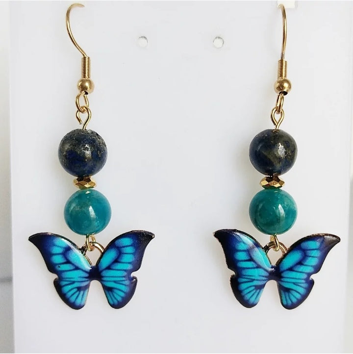 Boucles d'oreilles en pierres naturelles - Apatite AAA - Lapis Lazuli AA - Papillon