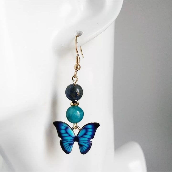 Boucles d'oreilles en pierres naturelles - Apatite AAA - Lapis Lazuli AA - Papillon