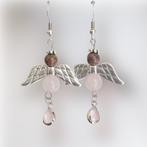 Boucles d'Oreilles - Quartz Rose - Rhodonite - Ange