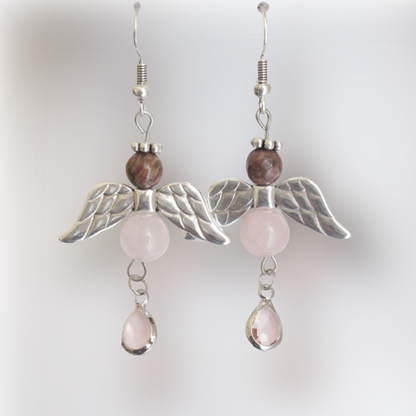 Boucles d'Oreilles - Quartz Rose - Rhodonite - Ange