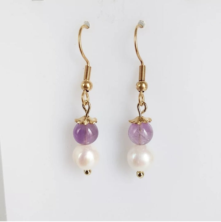 Boucles d'oreilles en pierre naturelle - Améthyste - Perles d'eau douce