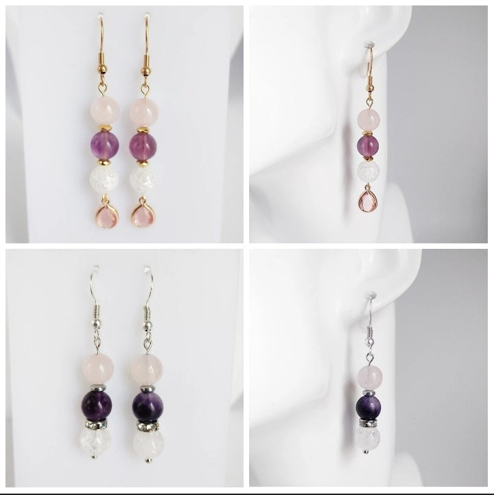 Boucles d'Oreilles en pierres naturelles - Fluorite Pourpre et Quartz Rose
