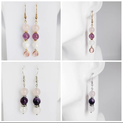 Boucles d'Oreilles en pierres naturelles - Fluorite Pourpre et Quartz Rose