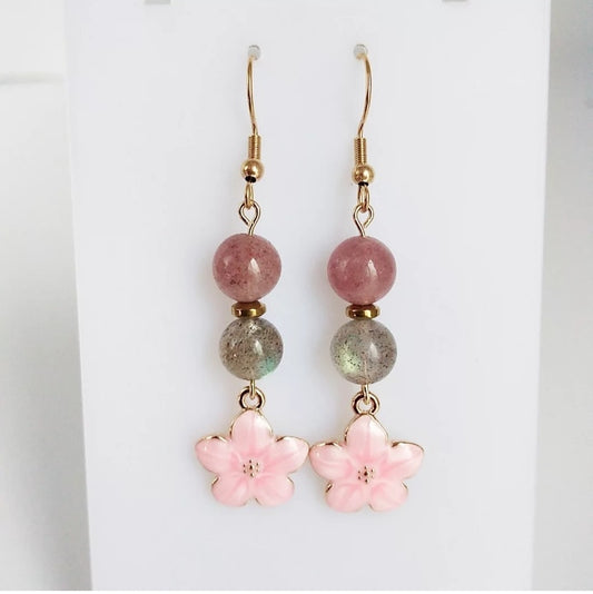 Boucles d'oreilles en pierres naturelles - Labradorite AAA - Quartz Fraise