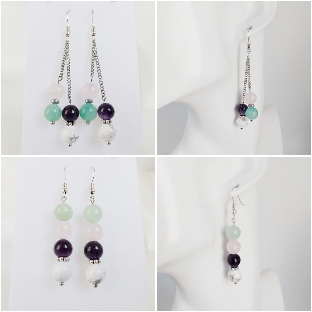 Découvrez nos boucles d'oreilles anti-stress en pierres naturelles. Une synergie apaisante de 4 pierres pour chasser les peurs et retrouver une vie sereine. 2 modèles au choix.