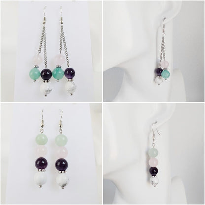 Découvrez nos boucles d'oreilles anti-stress en pierres naturelles. Une synergie apaisante de 4 pierres pour chasser les peurs et retrouver une vie sereine. 2 modèles au choix.