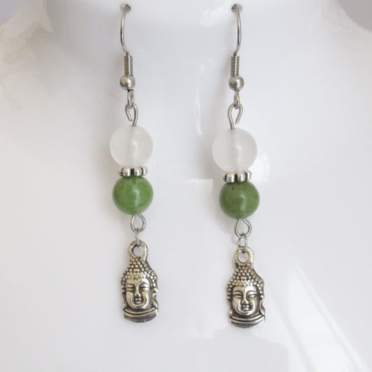 Boucles d'Oreilles - Jade Blanc - Jade Néphrite - Bouddha