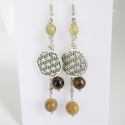 Boucles d'oreilles - Agate Crazy Lace - Citrine - Oeil de Tigre