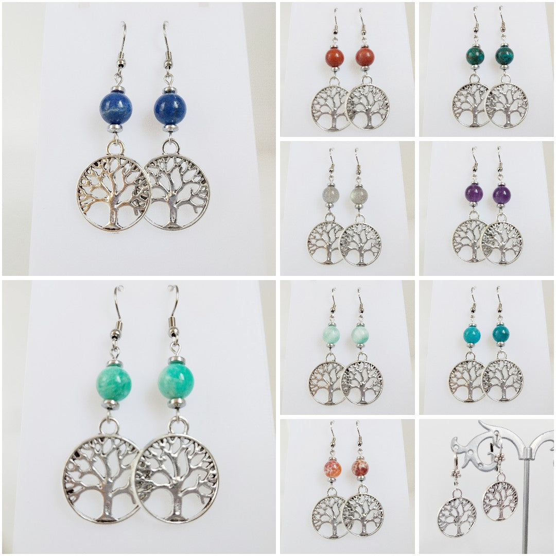 Boucles d'oreilles en pierres naturelles - Perles + Arbre de Vie
