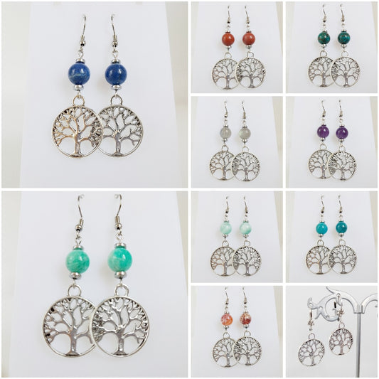 Boucles d'oreilles en pierres naturelles - Perles + Arbre de Vie