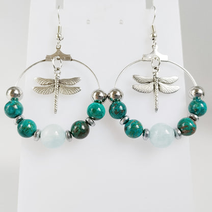 Boucles d'oreilles en pierres naturelles - Chrysocolle et Aigue Marine - Libellule