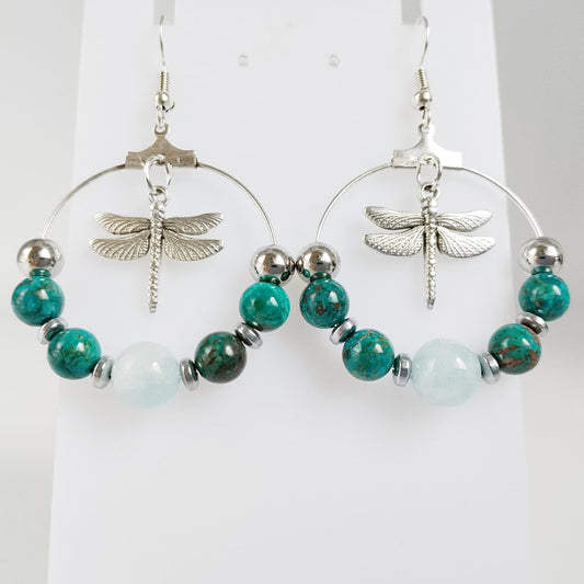 Boucles d'oreilles en pierres naturelles - Chrysocolle et Aigue Marine - Libellule