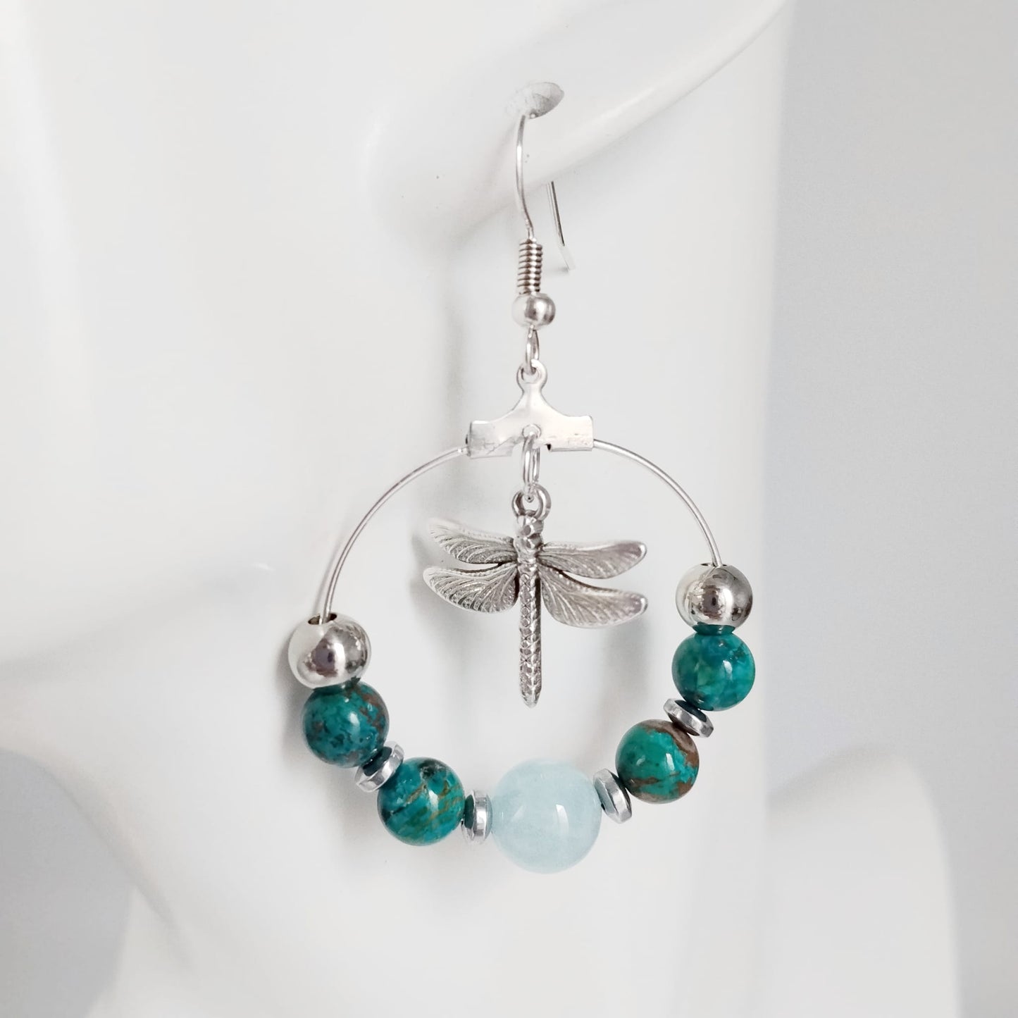 Boucles d'oreilles en pierres naturelles - Chrysocolle et Aigue Marine - Libellule