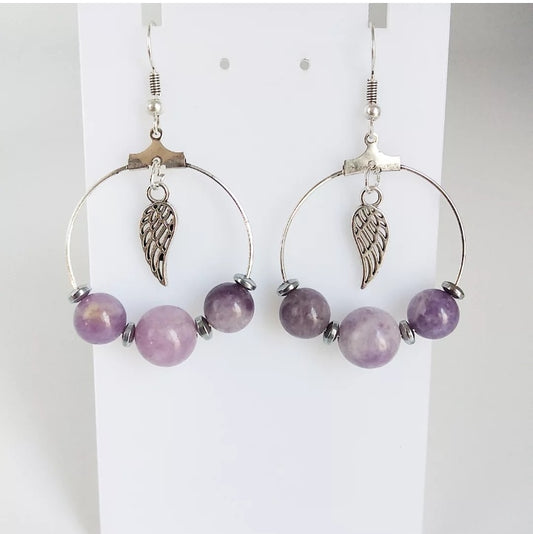 Boucles d'oreilles Créoles - Lépidolite - Ailes