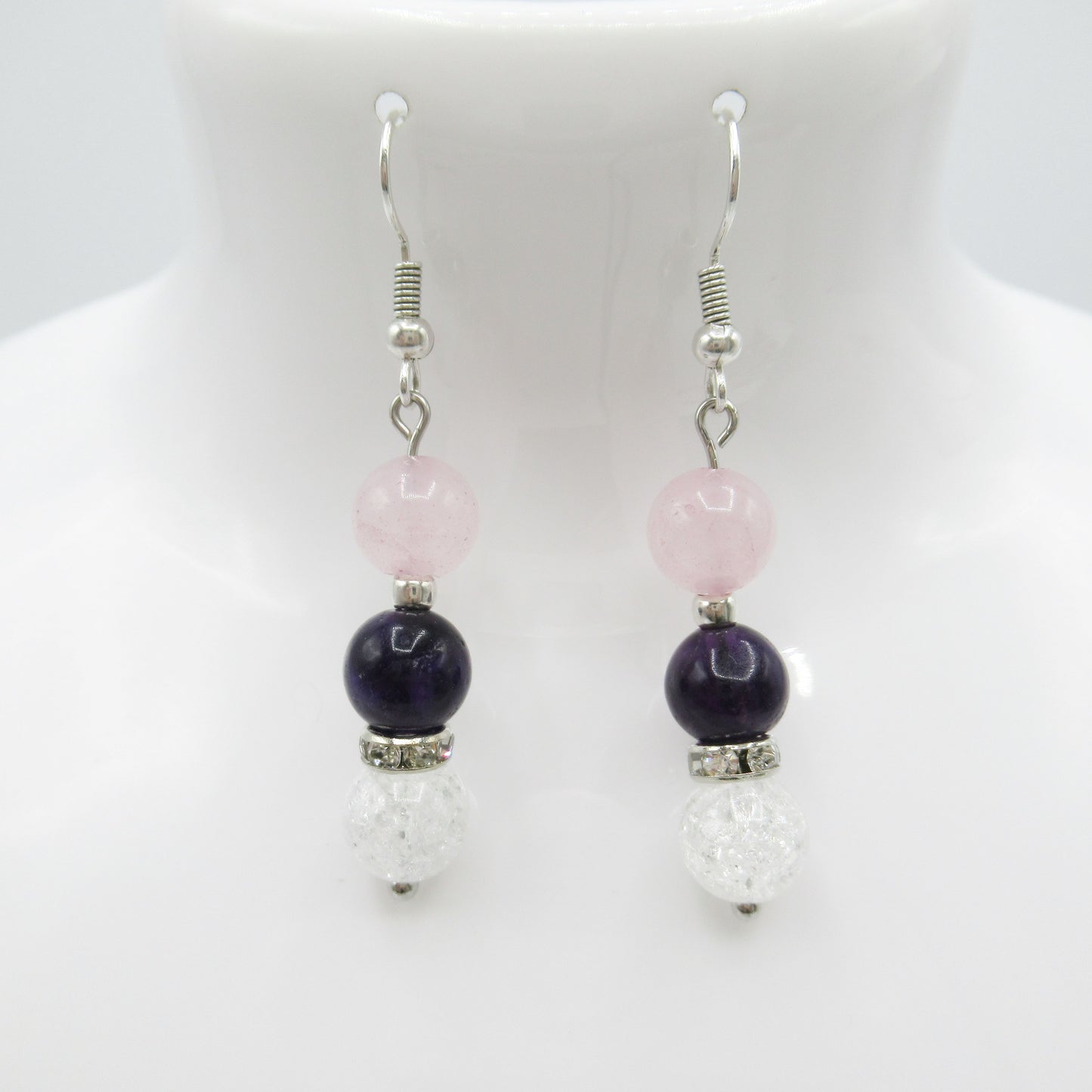 Boucles d'Oreilles Fluorite Pourpre - Quartz Rose